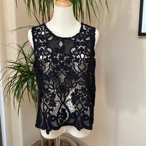 Sleeveless boxy hip length black lace shell. Unlined. Heavyweight lace. Acemi